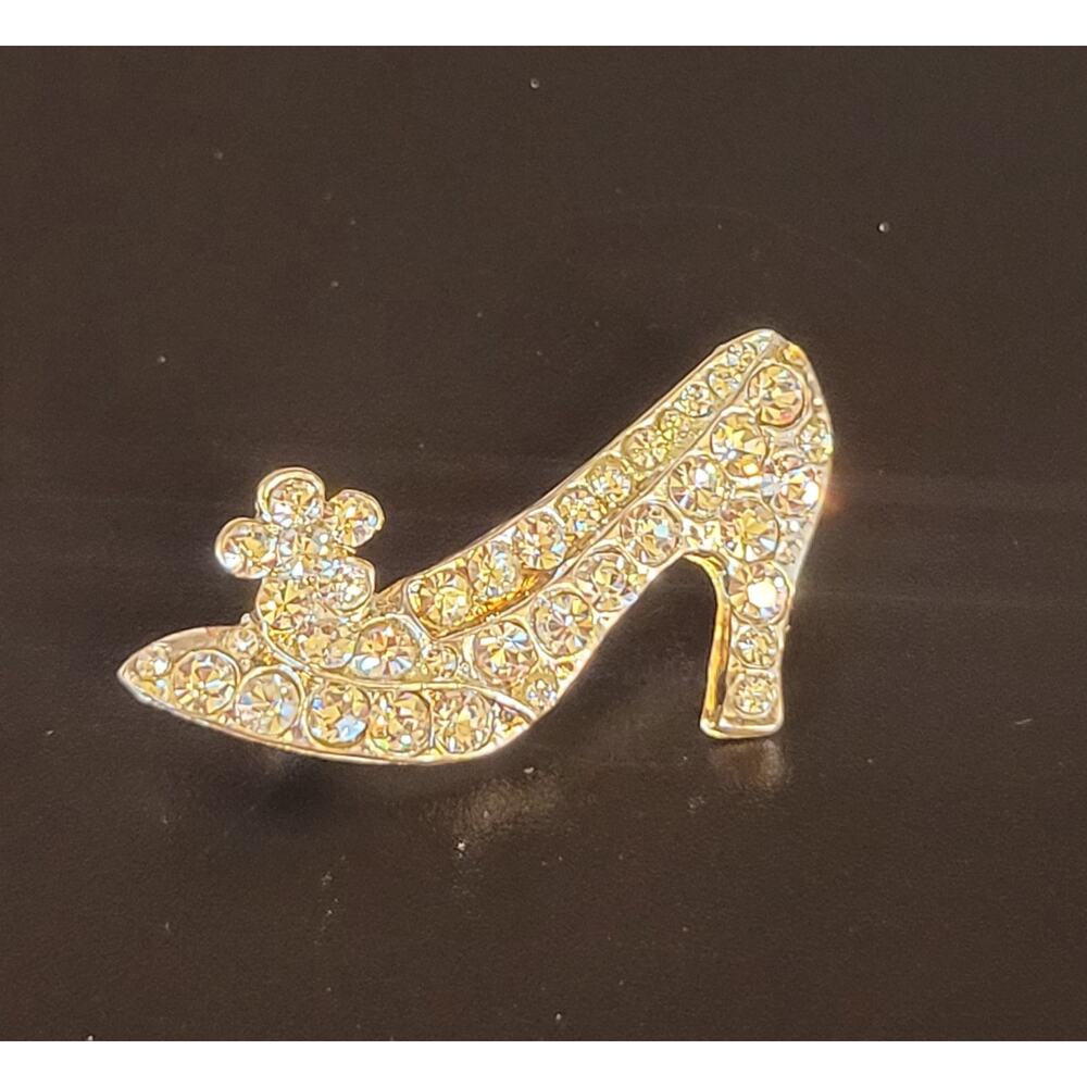 Vintage Gold-Tone Rhinestone High Heel Shoe Brooch Pin 1.4" Sparkling, Gift Box